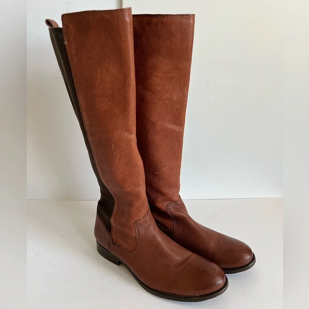 Frye Molly Gore Brown Tall Elastic Panel Riding Boots size 8.5B